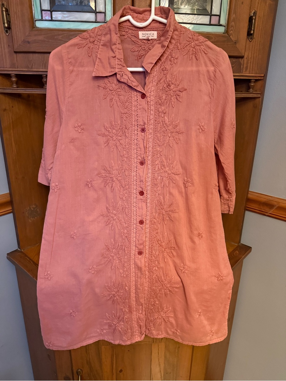 Novica embroidered floral cotton button-down sun washed terra-cotta  shirt M